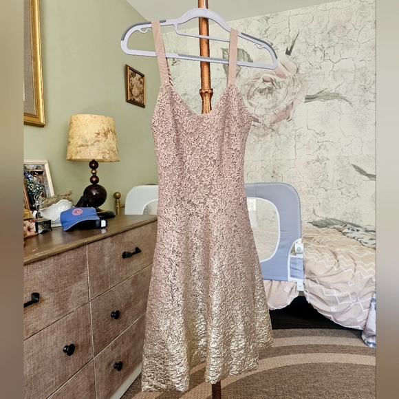Free People Foiled Ombré Nude Tan Gold Lace Fit & N Flare Dress Boho Gypsy Party - Picture 12 of 13